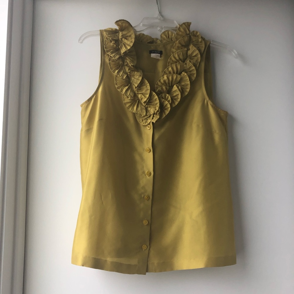 Jcrew Chartreuse Silk Ruffle Floral Top